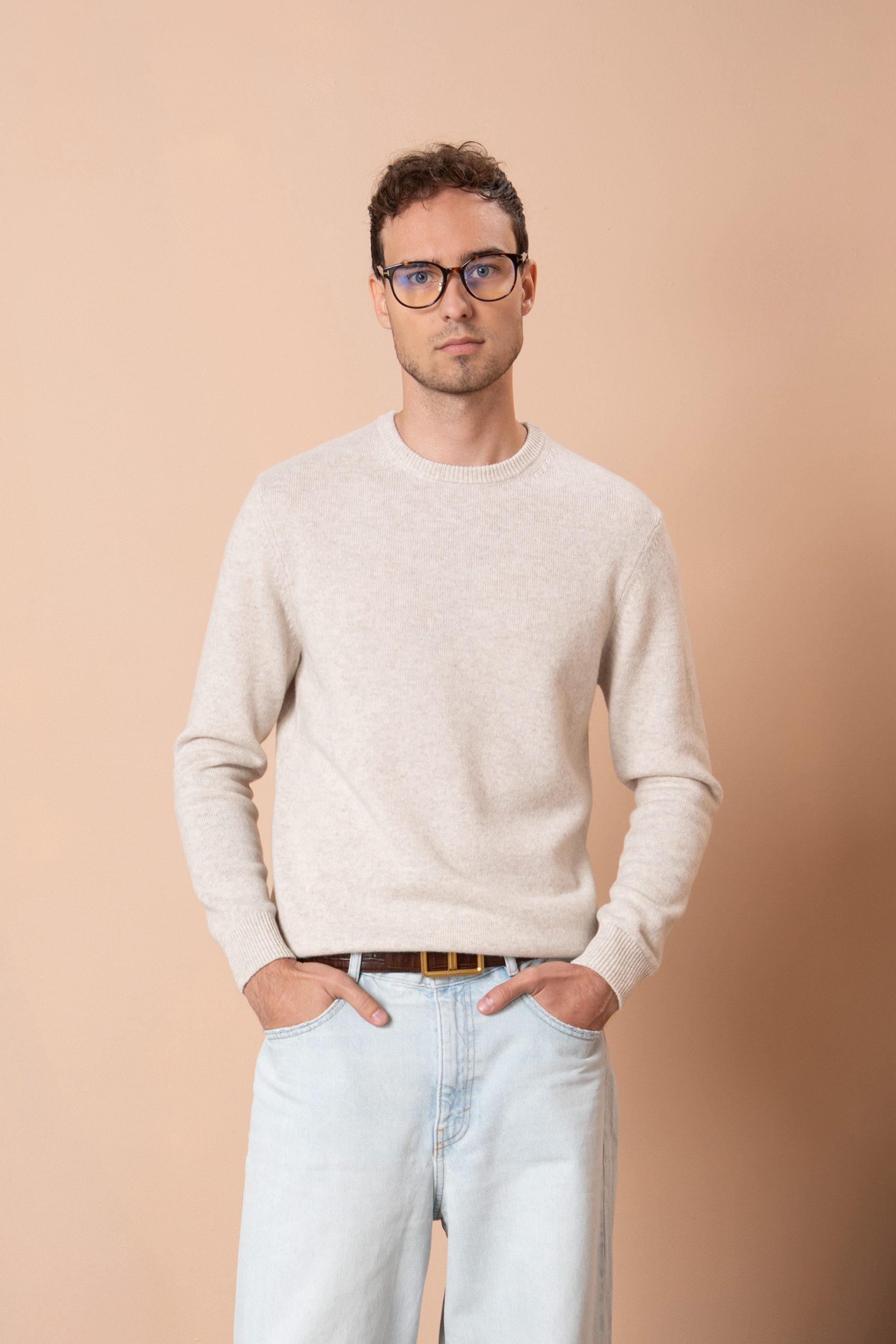 Чоловічий вовняний светр з круглою горловиною (Pearl Beige)