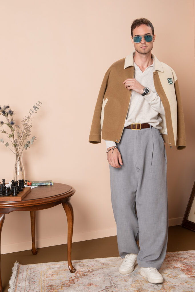 Чоловічий вовняний светр з горловиною поло (Pearl Beige)