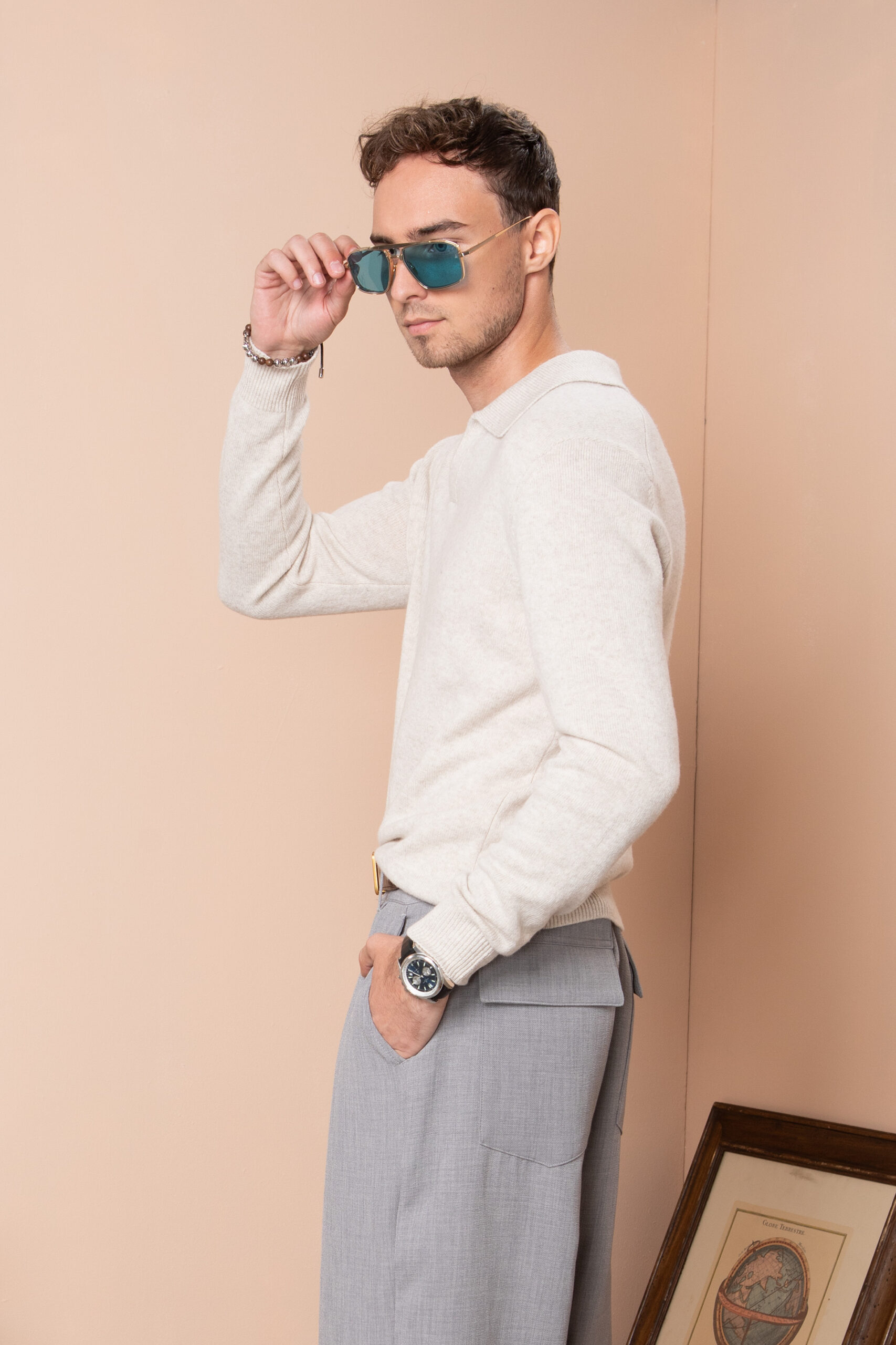 Чоловічий вовняний светр з горловиною поло (Pearl Beige)