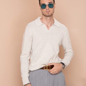 Чоловічий вовняний светр з горловиною поло (Pearl Beige)