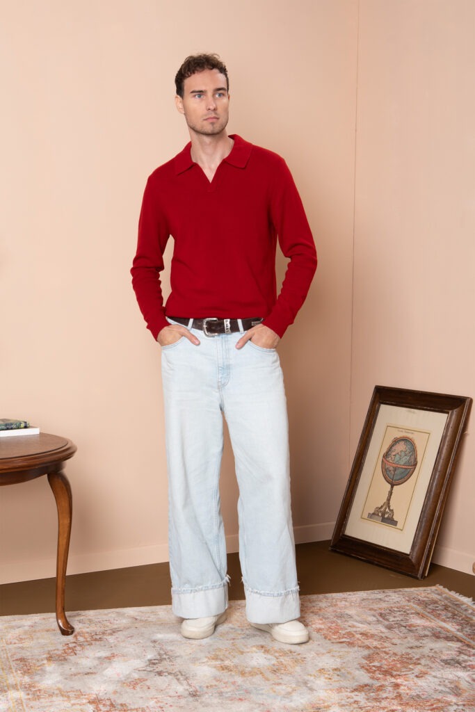 Чоловічий вовняний светр з горловиною поло (Haute Red)