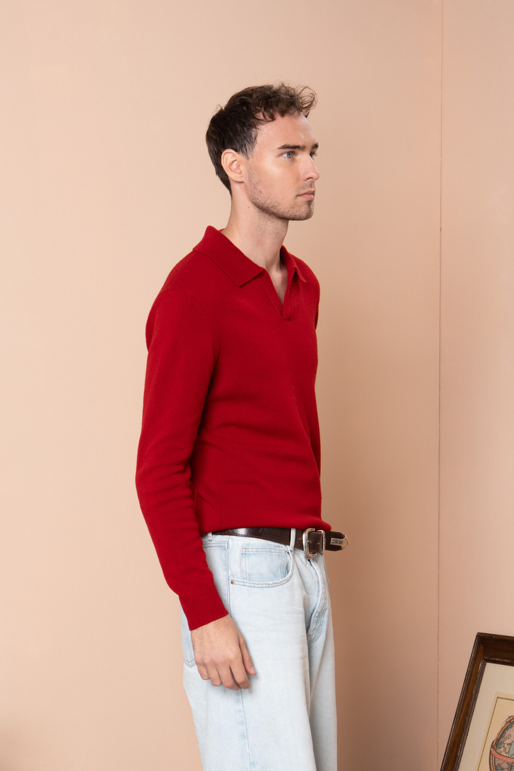 Чоловічий вовняний светр з горловиною поло (Haute Red)