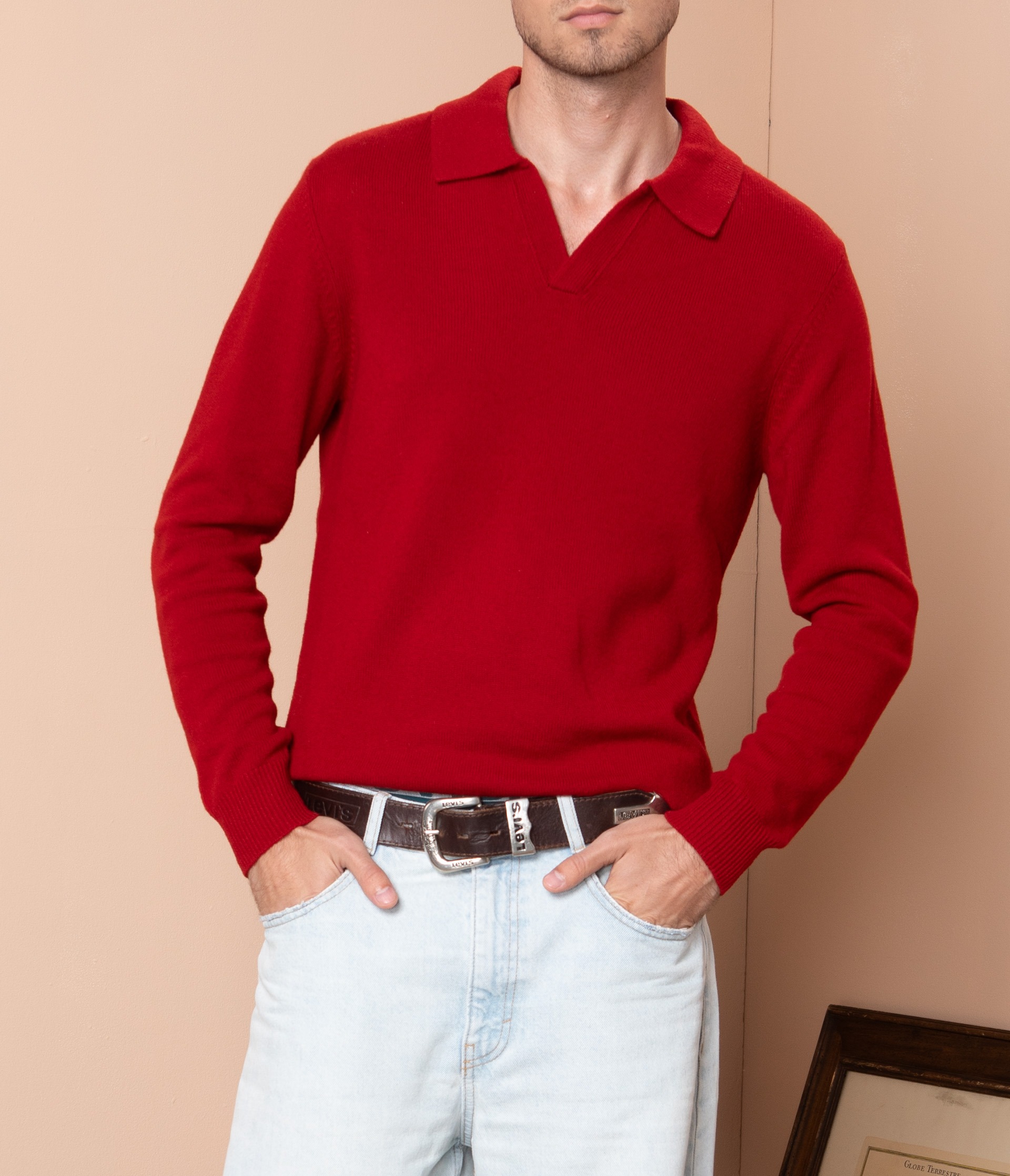 Чоловічий вовняний светр з горловиною поло (Haute Red)