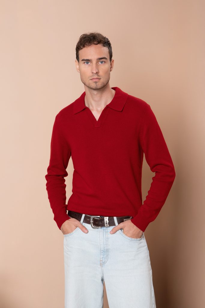 Чоловічий вовняний светр з горловиною поло (Haute Red)