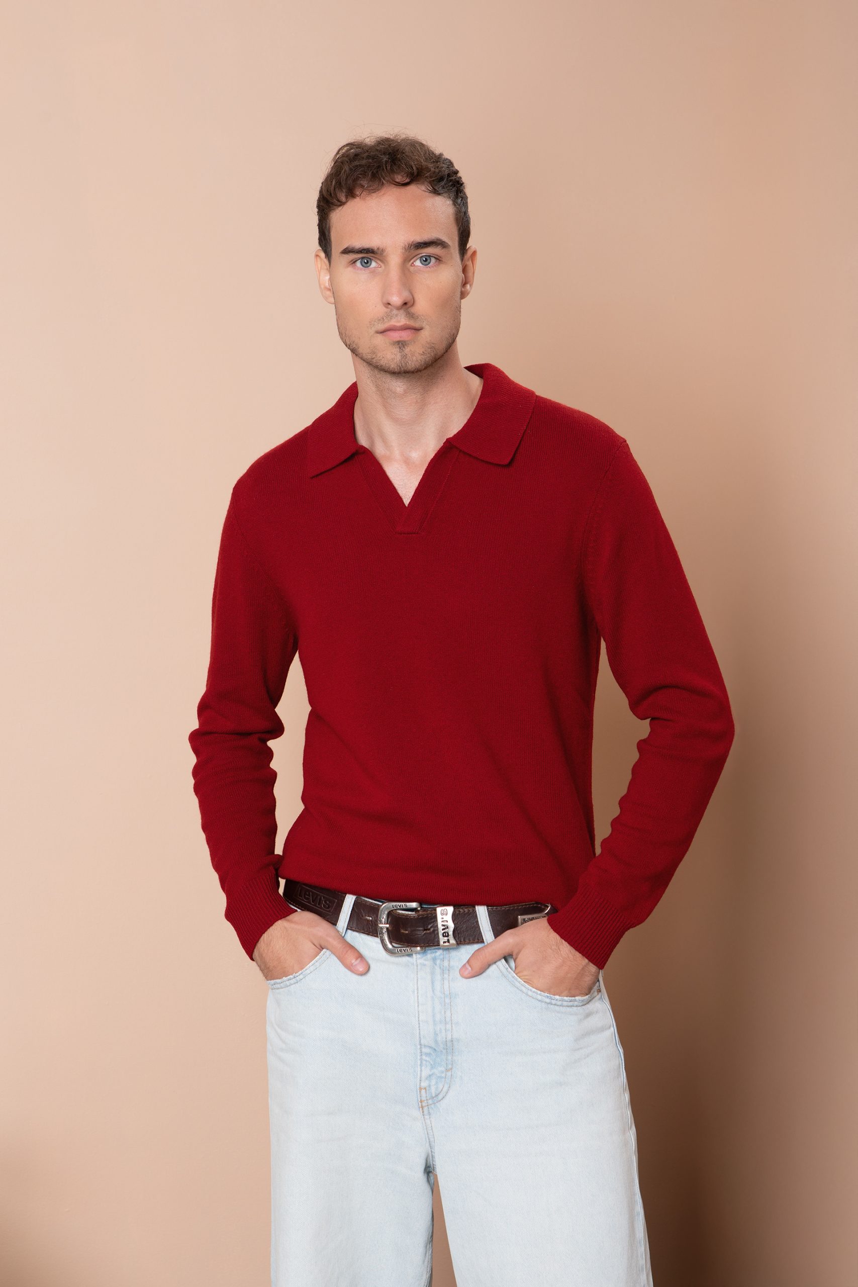 Чоловічий вовняний светр з горловиною поло (Haute Red)